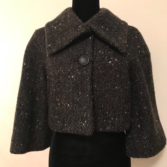 NWT BENETTON Cropped Jacket Wool Tweed Charcoal Sz 6 US (40 EU)